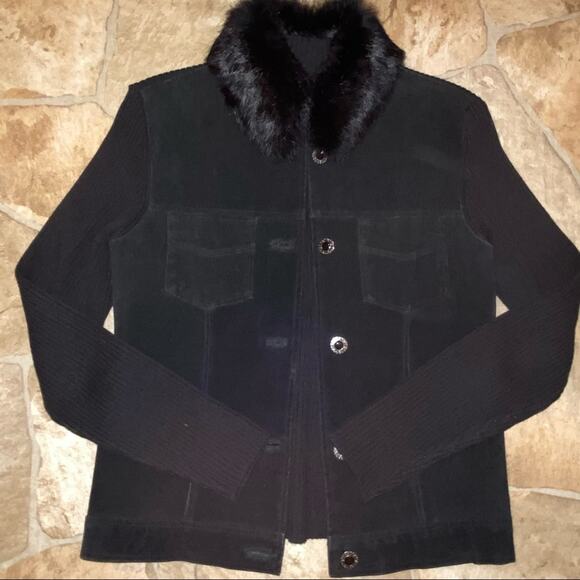 Vintage 90s Y2k Genuine Suede Jacket with Rabbit Fur Collar, Size Small, Black - Picture 2 of 9